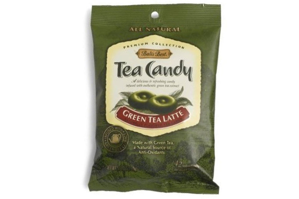 Bali's Best Tea Candy Green Tea Latte pack, a convenient candy snack for on-the-go moments
