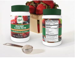 Ball Real Fruit Pectin label close-up highlighting improved flavor and performance.