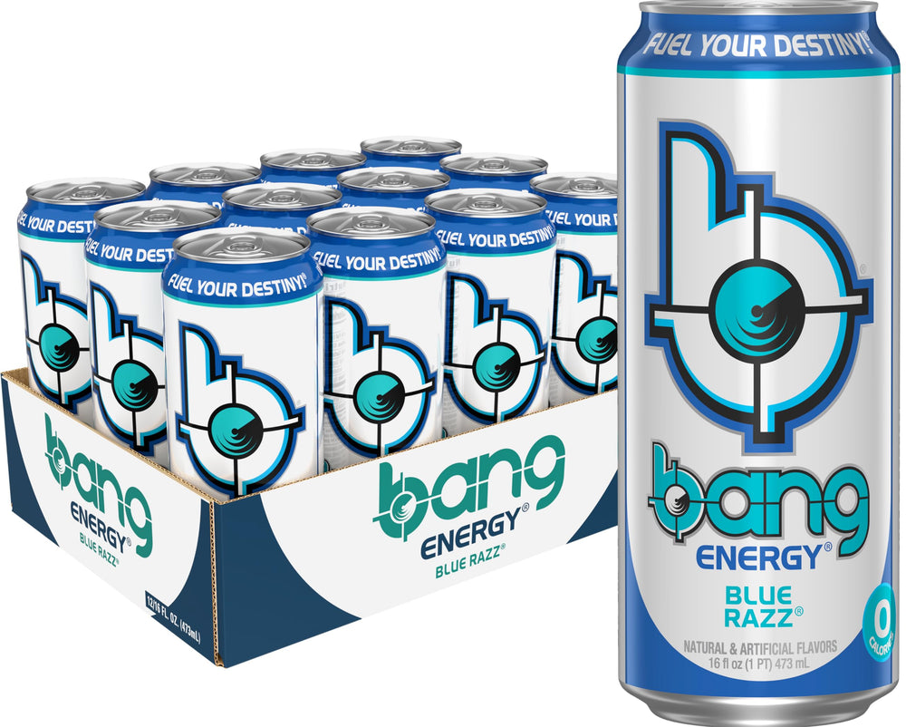 Bang Energy Blue Razz can angled for on-the-go energy and focus.