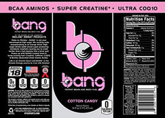 Bang Energy Cotton Candy can back view showing caffeine and nutrition highlights