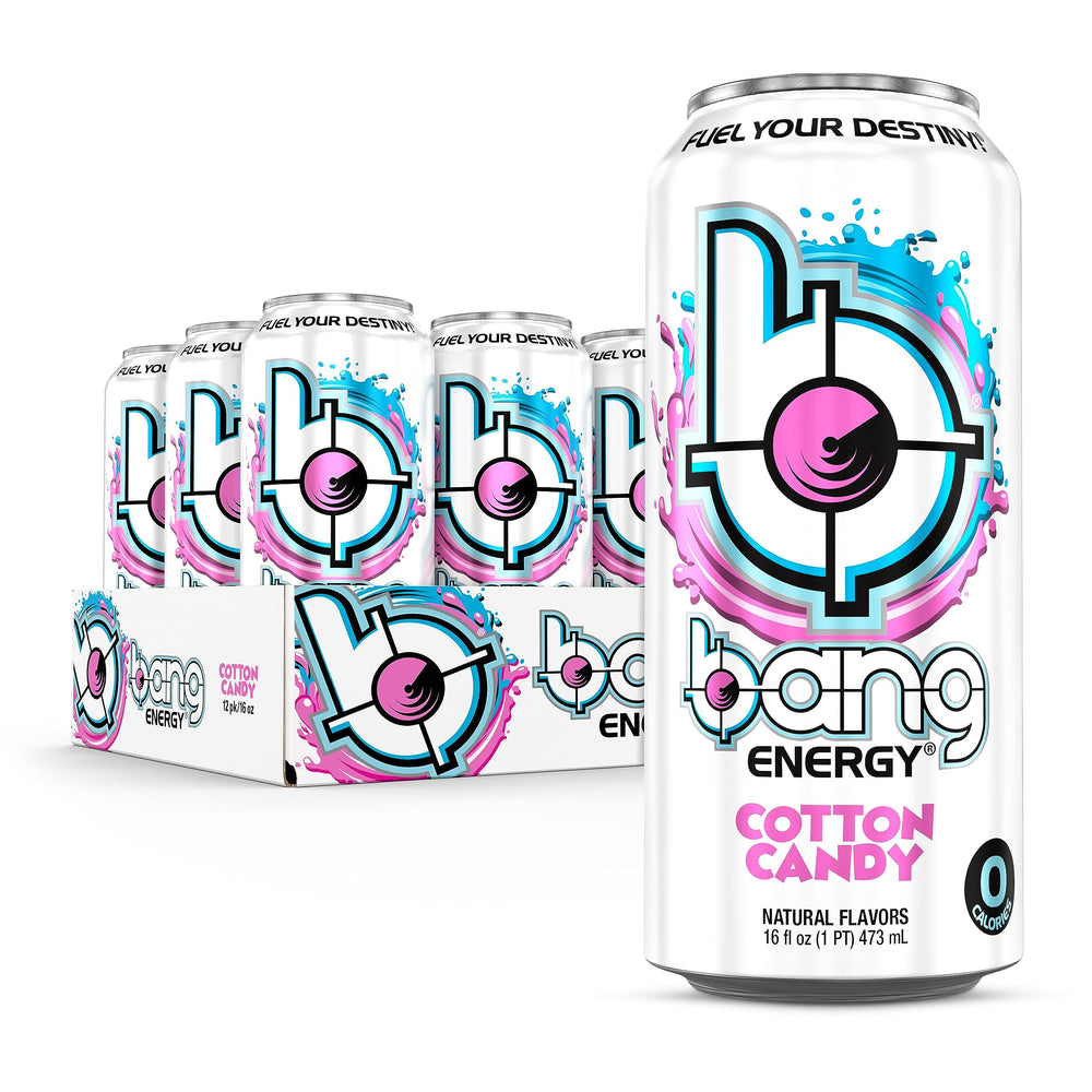 Bang Energy Cotton Candy can front view highlighting sugar-free energy