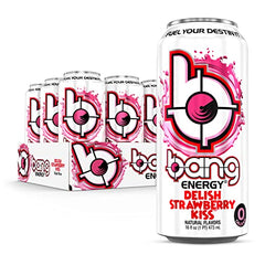Bang Energy Delish Strawberry Kiss ingredients panel shows CoQ10 and EAAs.