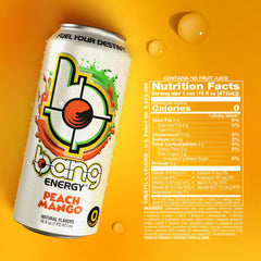 Bang Energy Peach Mango can side view showing nutrition label and caffeine content.