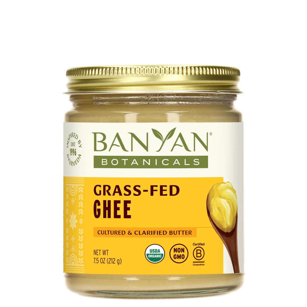 Banyan Botanicals ghee bottle front view for high-heat cooking versatility.