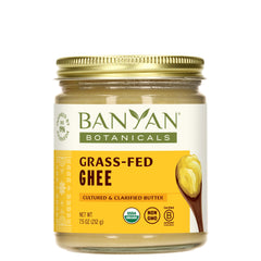 Banyan Botanicals ghee bottle front view for high-heat cooking versatility.