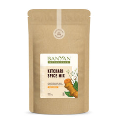 Banyan Botanicals Kitchari Spice Mix label close-up highlighting organic ingredients.
