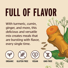 Banyan Botanicals Kitchari Spice Mix spice blend in jar highlights turmeric and cumin.