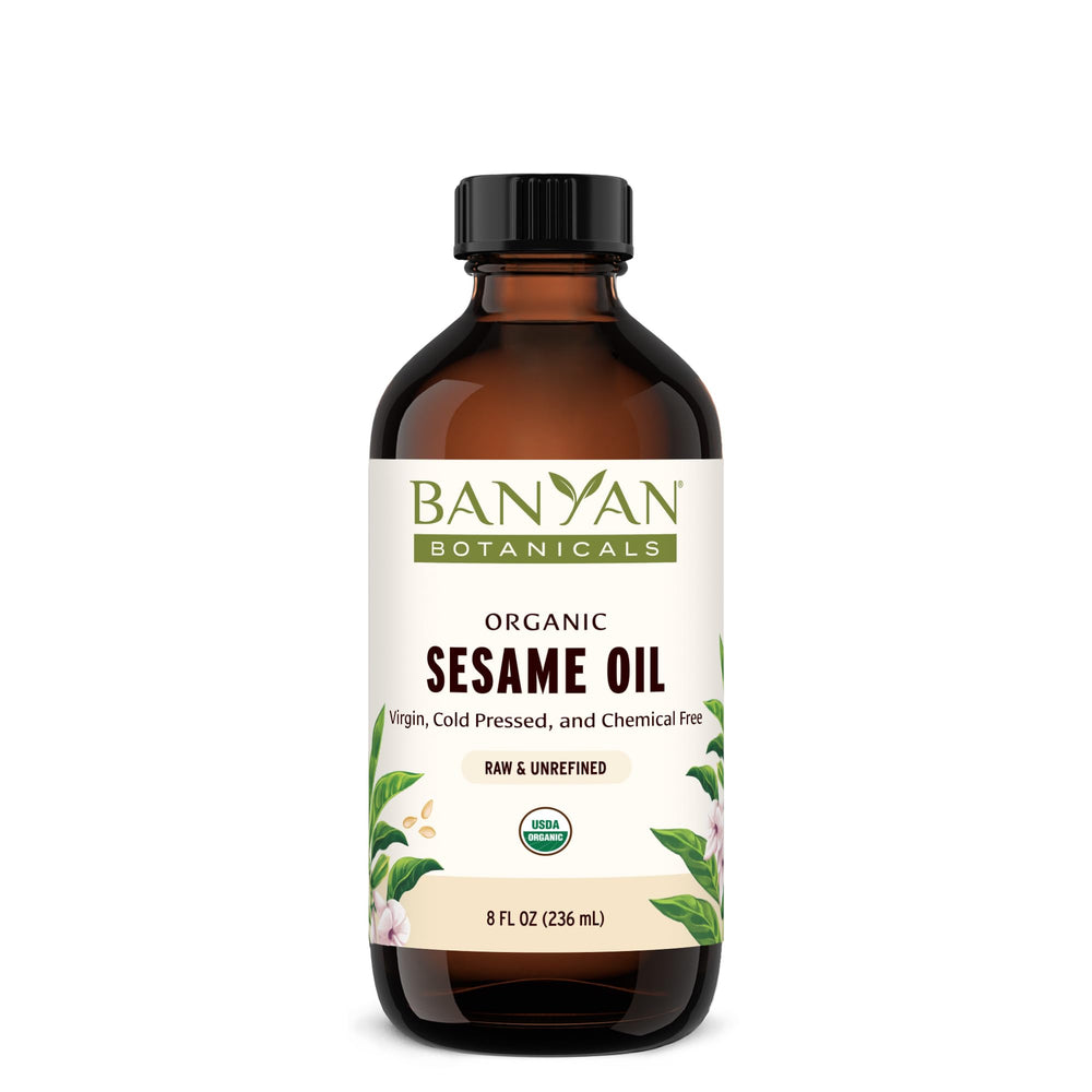 Banyan Botanicals Sesame Oil bottle close-up, pure unrefined oil for daily skin care.