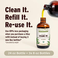Banyan Botanicals sesame oil glass bottle on table, great for skin and hair care.