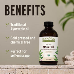 Banyan Botanicals sesame oil pour shot, lightweight texture suited for body massage.