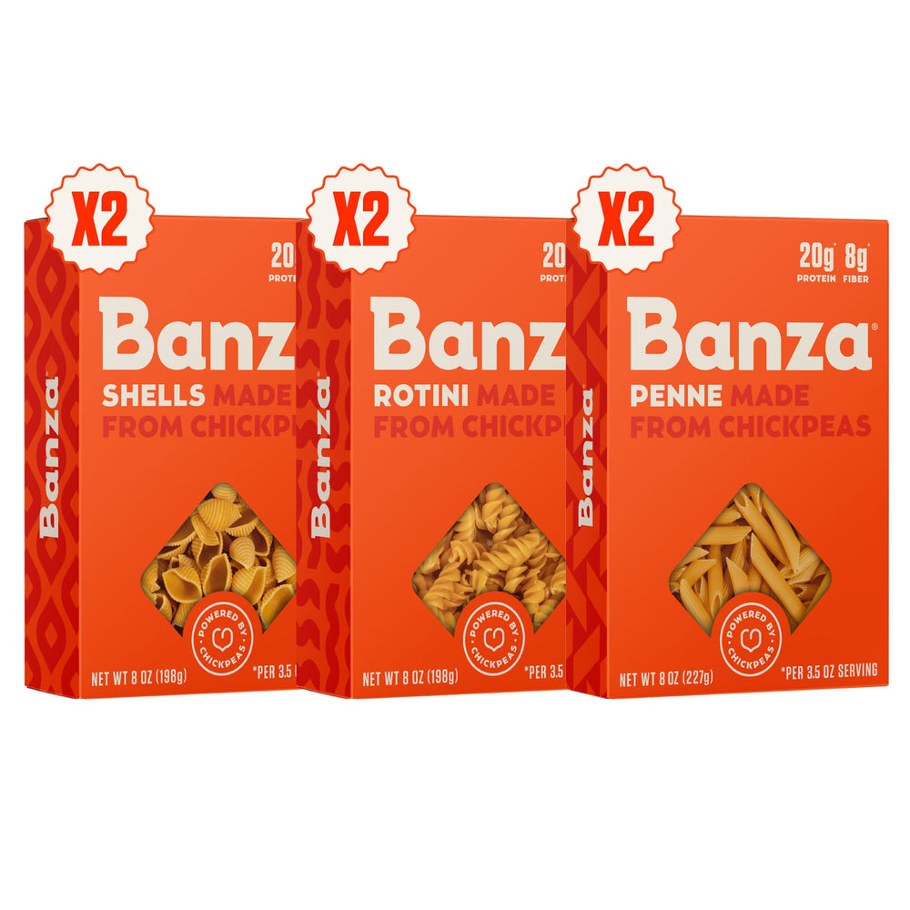 Banza chickpea pasta box open, highlighting protein-rich gluten-free pasta for weeknight meals.