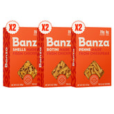 Banza chickpea pasta box open, highlighting protein-rich gluten-free pasta for weeknight meals.