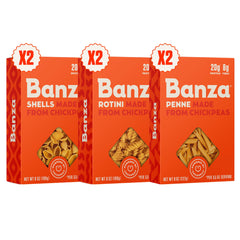 Banza chickpea pasta box open, highlighting protein-rich gluten-free pasta for weeknight meals.