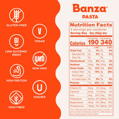 Banza chickpea pasta variety pack front showcases convenient six-pack for family dinners.