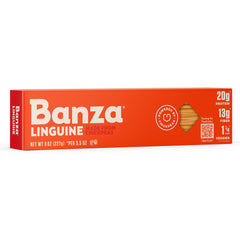Banza linguine pasta chickpeas pack highlights gluten-free property and high protein