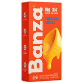 Banza Shells & Classic Cheddar Mac packaging front highlighting non-GMO ingredients and flavor.