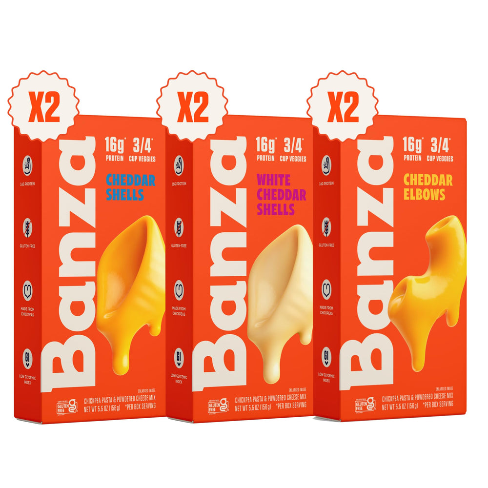 Banza Variety Pack box on the counter, convenient high-protein dinner option.