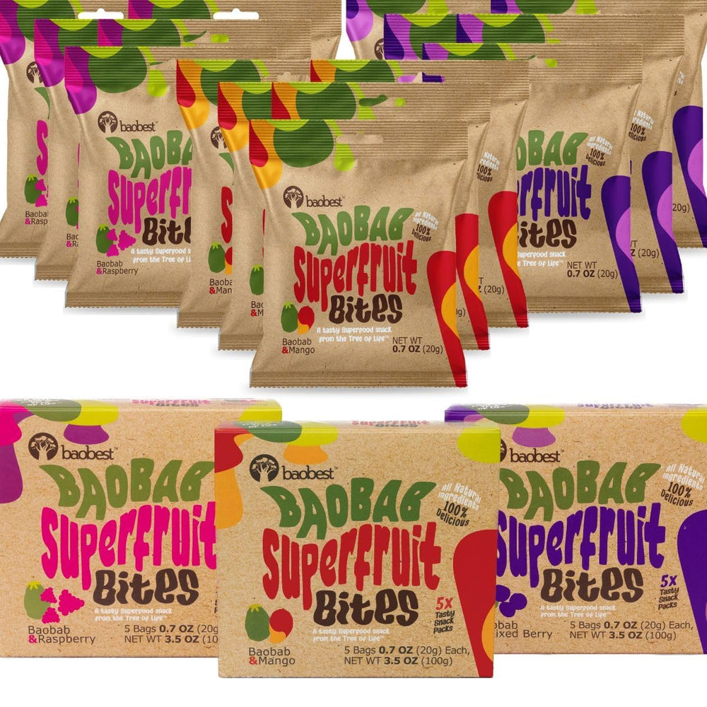 Baobest Superfruit Bites variety pack front view, convenient on-the-go snack option.