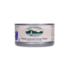 Bar Harbor whole clams in a 6.5-ounce can, ready for chowders and seafood sauces.