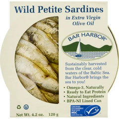 Bar Harbor sardines in olive oil, ready to eat; ideal straight from the can.