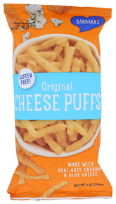 Barbara's Bakery Original Cheese Puffs bag on kitchen counter, crunchy snack option with no hydrogenated oil