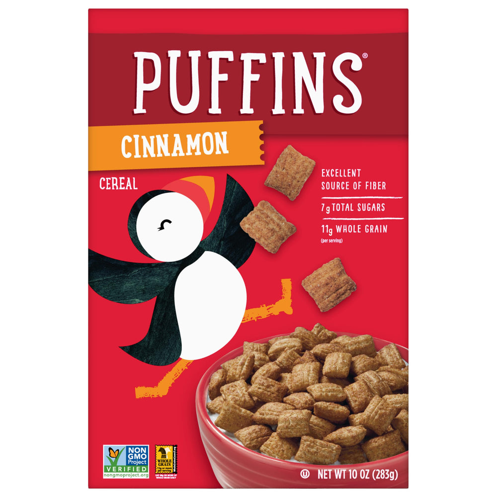 Barbara's Bakery Puffins Cinnamon cereal box on kitchen counter, quick breakfast option.