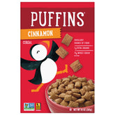 Barbara's Bakery Puffins Cinnamon cereal box on kitchen counter, quick breakfast option.