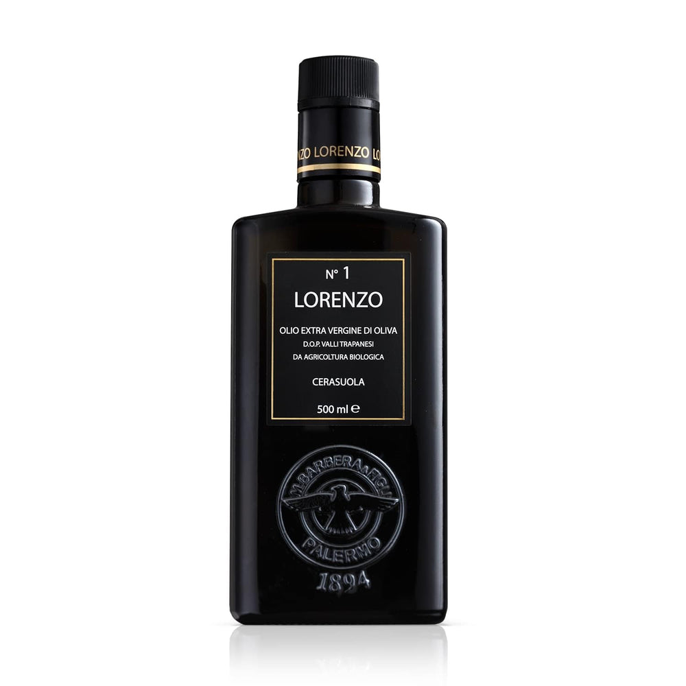 Barbera Lorenzo N°1 olive oil bottle displayed for gourmet cooking and premium flavor.