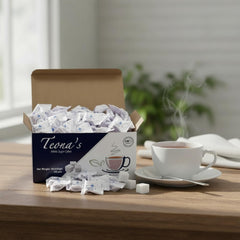 Teona's white sugar cubes in a boxed presentation for elegant, hygienic serving.