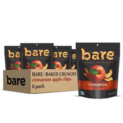 Bare Baked Crunchy Apples Cinnamon pack front with six resealable bags for easy on-the-go snacking.