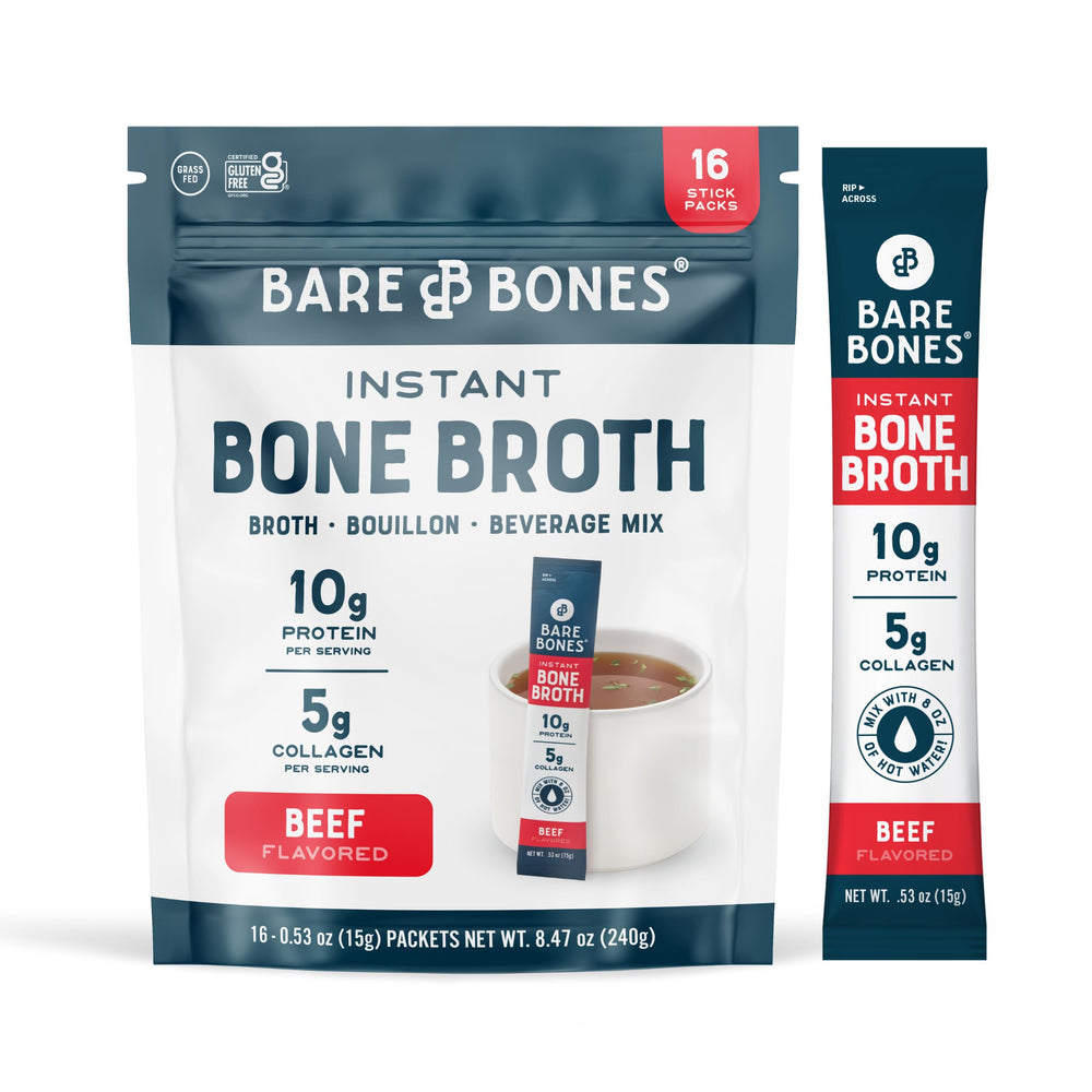Bare Bones beef bone broth instant packet packaging for on-the-go protein boost