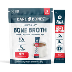 Bare Bones beef bone broth instant packet packaging for on-the-go protein boost