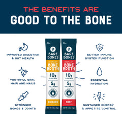 Bare Bones Bone Broth variety-pack display with four chicken and four beef sticks