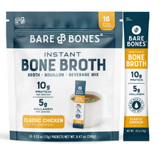 Bare Bones Classic Chicken Bone Broth packet highlighting on-the-go flavor and convenience