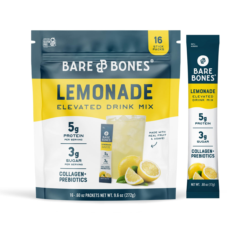 Bare Bones Lemonade Elevated Drink Mix stick pack ready for on-the-go hydration and flavor.