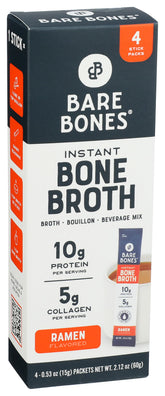 Bare Bones Ramen bone broth instant packets on shelf, convenient protein boost.