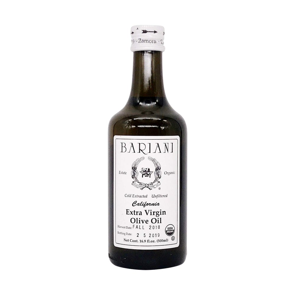 Bariani Extra Virgin Olive Oil bottle label close-up highlighting organic, estate-grown quality.
