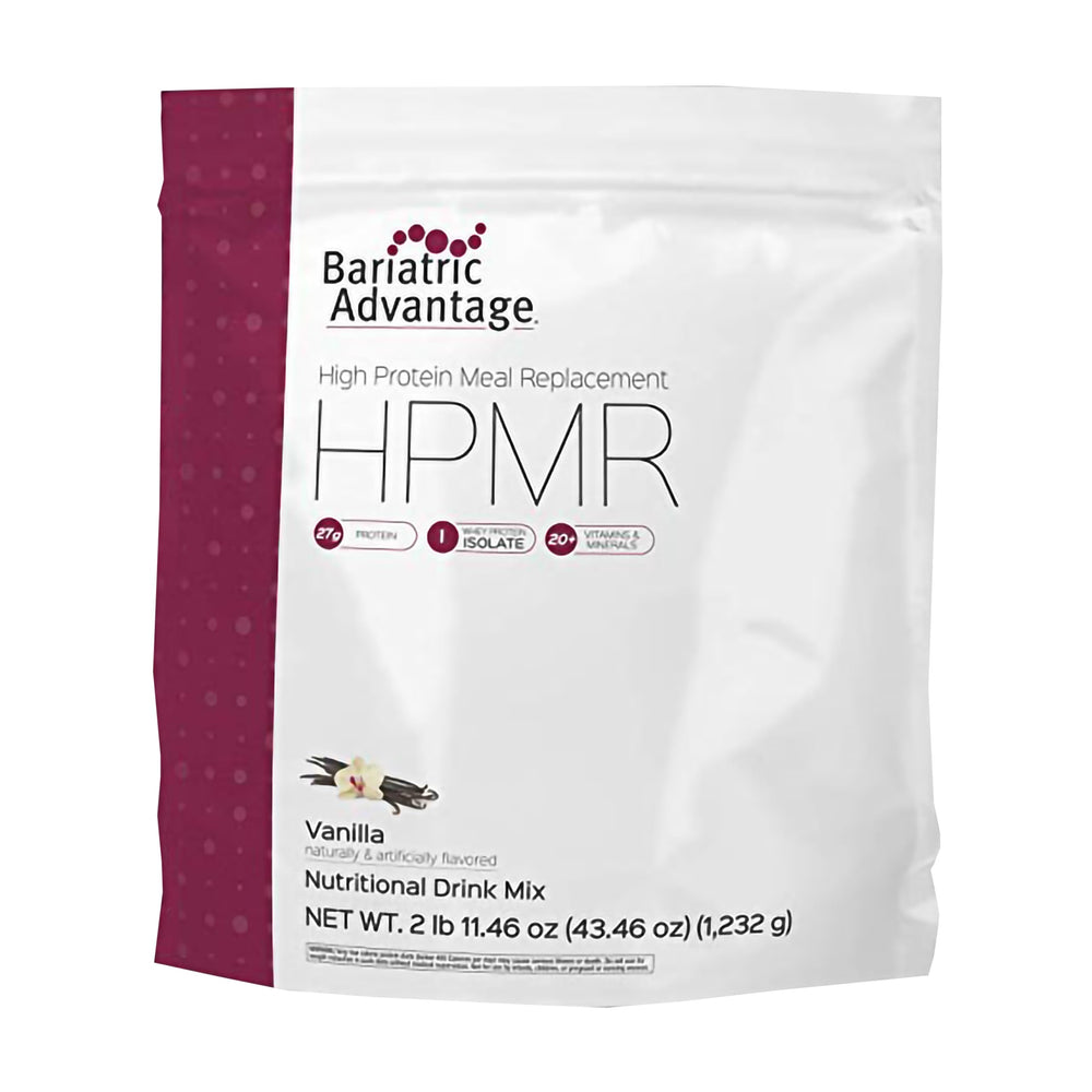 Bariatric Advantage vanilla meal replacement tub with 27 g whey protein per serving.