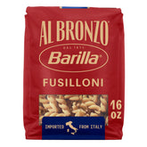 Barilla Al Bronzo Fusilloni pasta bag emphasizes bronze-cut texture for superior sauce cling.