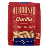 Barilla Al Bronzo Penne Rigate pack shot highlighting bronze-cut texture that holds sauces.