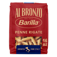 Barilla Al Bronzo Penne Rigate pack shot highlighting bronze-cut texture that holds sauces.