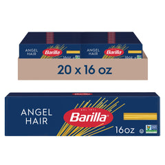 Barilla Angel Hair Pasta box showing 16 oz packaging, ideal for quick, light meals.