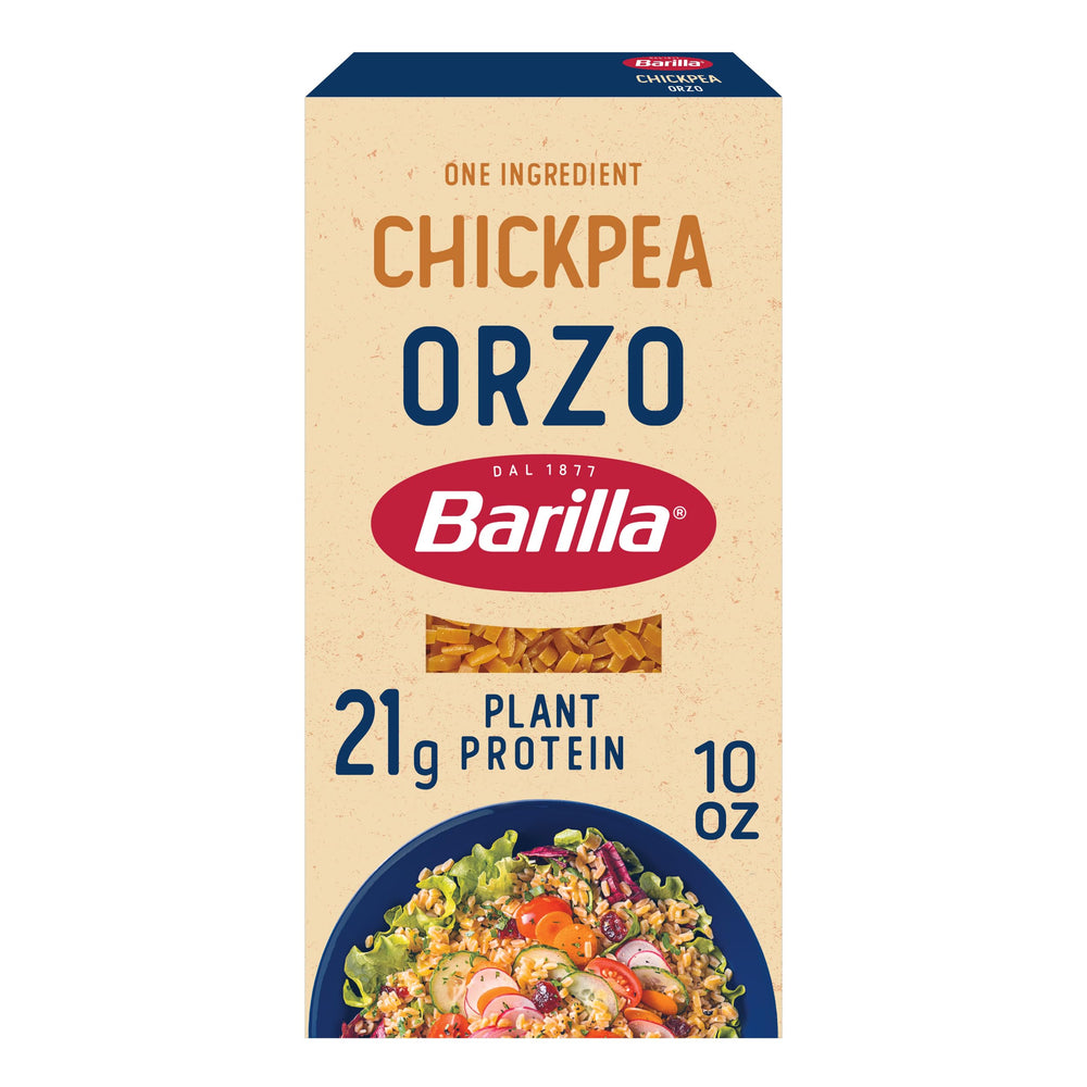 Barilla Chickpea Orzo pack-8 box showing a gluten-free pasta option for meals