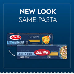 Barilla gluten-free fettucine packaging displayed on shelf for easy shopping