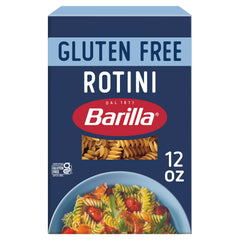 Barilla Gluten Free Rotini box front, prepared with corn and rice blend for gluten free meals