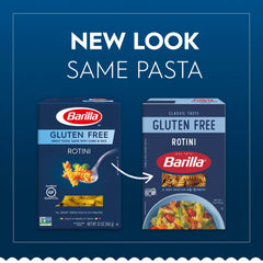 Barilla gluten free rotini plated showing spiral shape and sauce