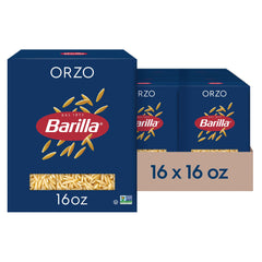 Barilla Orzo pasta box showing 16-ounce packs, versatile for soups, salads, and side dishes.