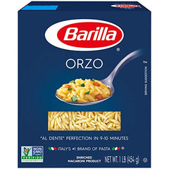 Barilla Orzo pasta served in a bowl, ideal for salads and soups.