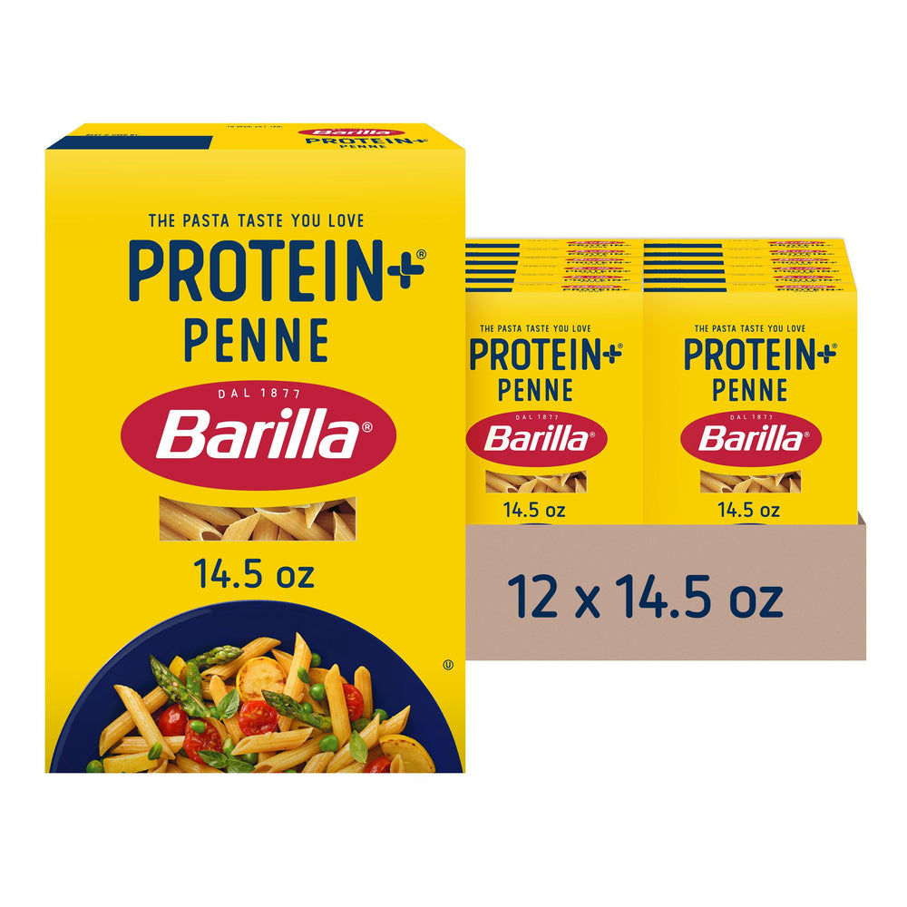Barilla Protein+ Plus Penne Pasta box, a plant-based protein option for family meals.