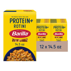 Barilla Protein+ Rotini pasta box shows plant-based protein for family meals.